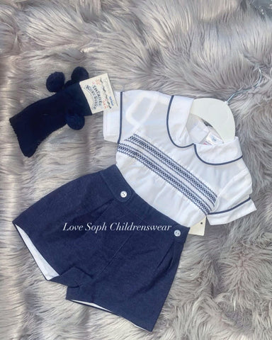 Luxury navy smocked blouse and shorts