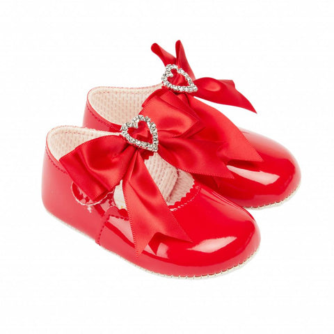 Luxury soft sole pram shoe with diamanté heart bows red