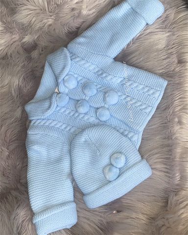 Unisex thick knit Pom Pom coat and matching hat WHITE or Blue