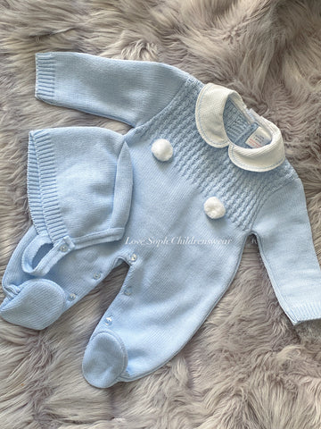 Luxe knitted Pom Pom sleepsuit with bonnet