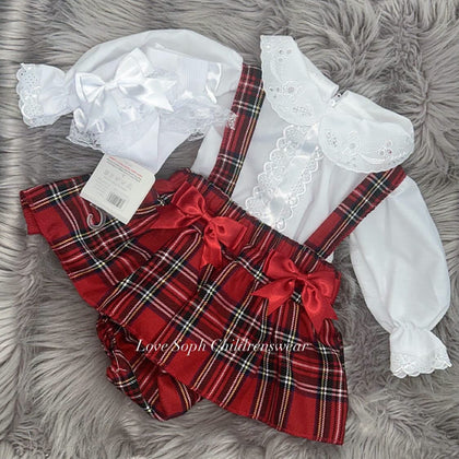 Luxury tartan pinafore with lace detailing and blouse
