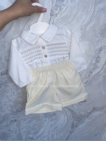 Luxury long sleeve smocked set beige