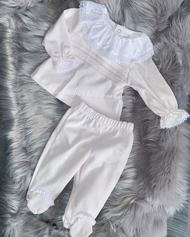 Luxury cotton pale pink smocked set with detailing on feet