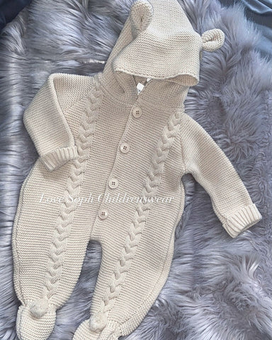 Knitted pom pom snowsuit beige