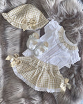 Luxe smocked gingham blouse and skirt with sun hat