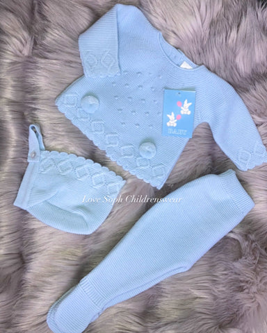 Stunning luxury 3 piece sky blue knitted set with bonnet and pom poms