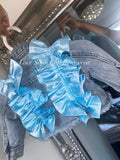 Handmade extreme frilly luxe denim jacket with bows