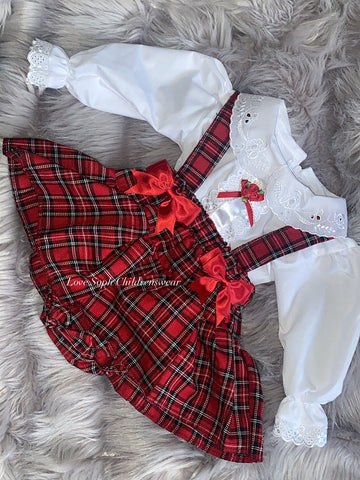 Luxury tartan pinafore with detailing and blouse