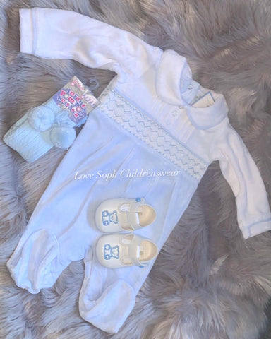 Luxe velour sky smocked sleepsuit