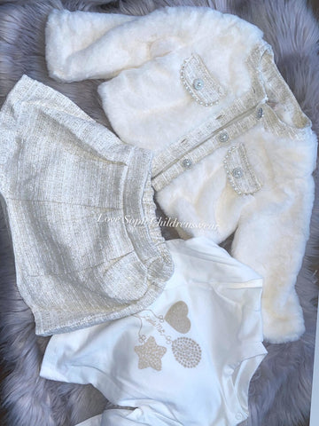 Luxury fur coat, long sleeved top and skirt 1 -6 years