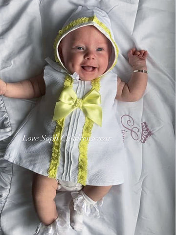 Luxe lemon bow  dress with frilly bonnet