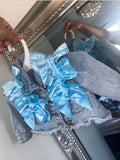 Handmade extreme frilly luxe denim jacket with bows
