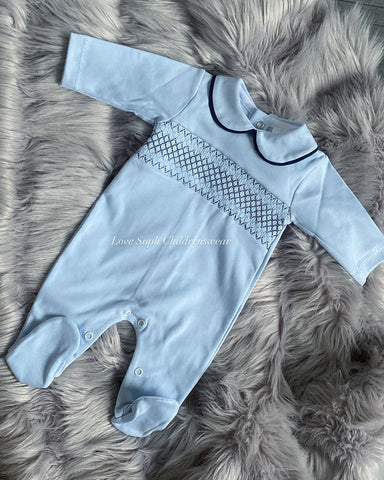 Luxe blue smocked sleepsuit