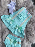 Luxury double bow lace detailed frilly dress with bloomers turquoise