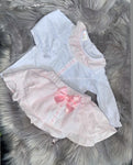 Ribbon slot skirt and blouse with bows Grey or pink