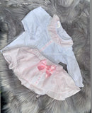 Ribbon slot skirt and blouse with bows Grey or pink