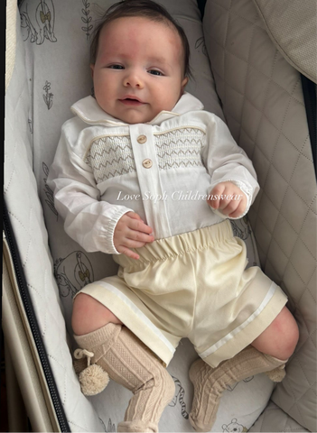 Luxury long sleeve smocked set beige