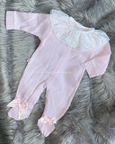 Stunning waffle Frill collar sleepsuit with bows on feet