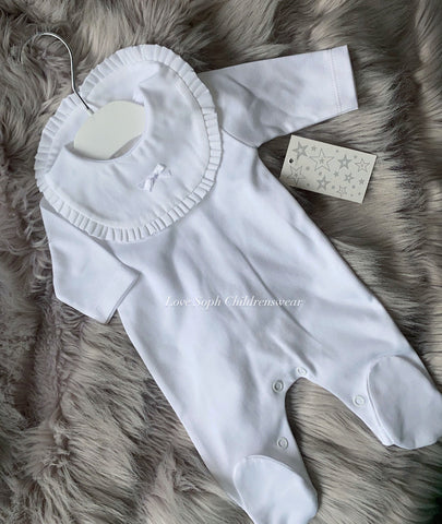 Unisex white bib sleepsuit