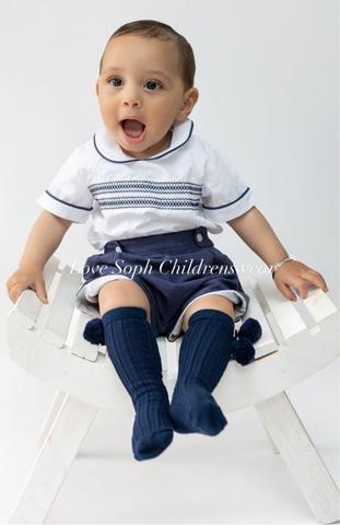 Luxury navy smocked blouse and shorts