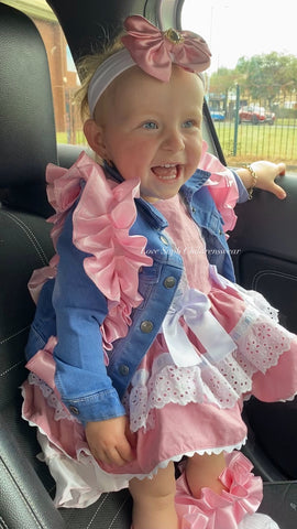 Handmade extreme frilly luxe denim jacket with bows