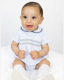 Sky blue smocked shorts and polo or romper