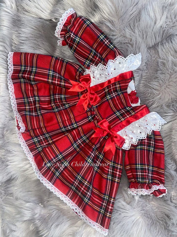 Tartan long frill sleeved luxe bow dress
