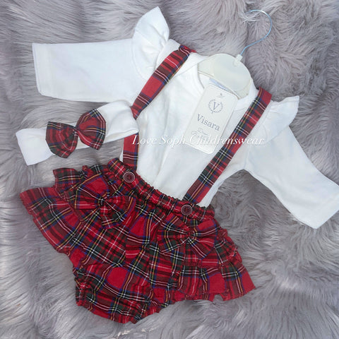 Tartan extra frilly romper and bodysuit with free hair bow