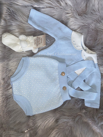 Sky blue knitted collared jumper and dungarees