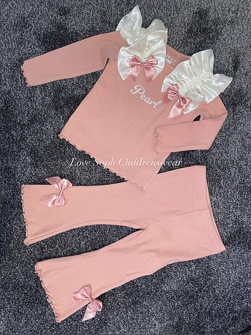 Personalised handmade frilly lounge set dusky pink flares or leggings