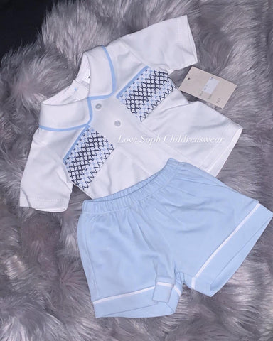 Luxe sky blue cotton smocked shorts and top