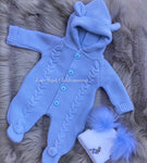 Knitted pom pom pram suit blue