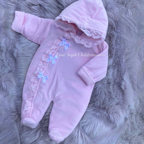 Luxe girls snowsuit with bows and lace