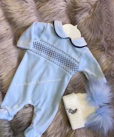 Luxe blue velour smocked sleepsuit