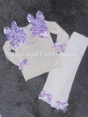 Personalised handmade frilly lounge set white flares or leggings