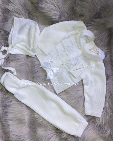 Unisex Luxe white knitted set with bonnet