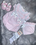 Luxe pink frilly  romper and blouse with Bonnet and lace