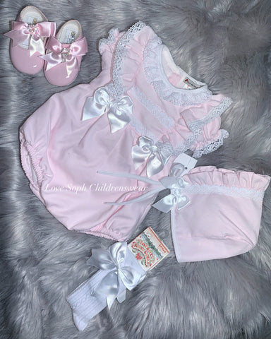 Luxe pink frilly  romper and blouse with Bonnet and lace