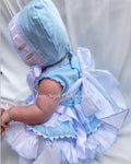 Luxury sky blue handmade puffball with bonnet and pants