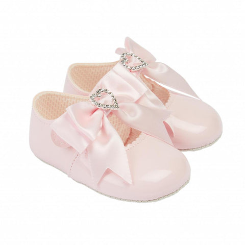 Luxury soft sole pram shoe with extra large diamante bow pink