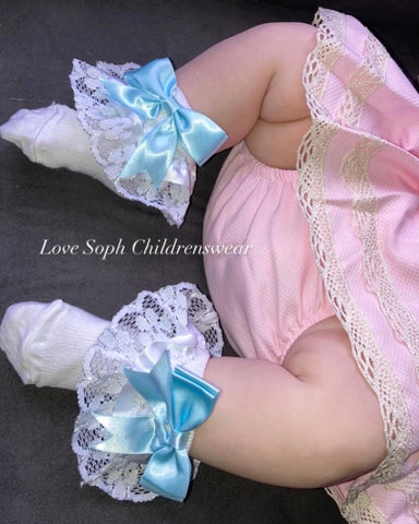 Luxury lace bow socks blue