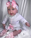 Ribbon slot skirt and blouse with bows Grey or pink