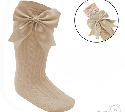 Knee High luxe large bow socks BEIGE