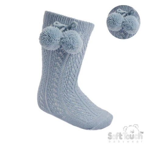 Open work Knee High Pom Pom socks Dusky blue