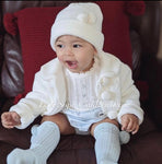 Unisex thick knit Pom Pom coat and matching hat WHITE or Blue