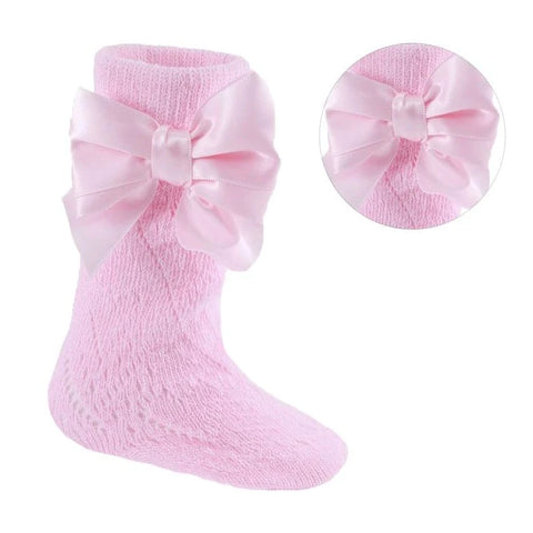 Open work Knee High bow socks PINK