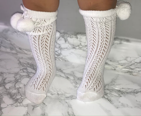 Open work Knee High Pom Pom socks WHITE