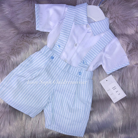 Sky blue pinstripe dungarees and blouse