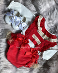 Luxury red pinafore and blouse with frilly bum